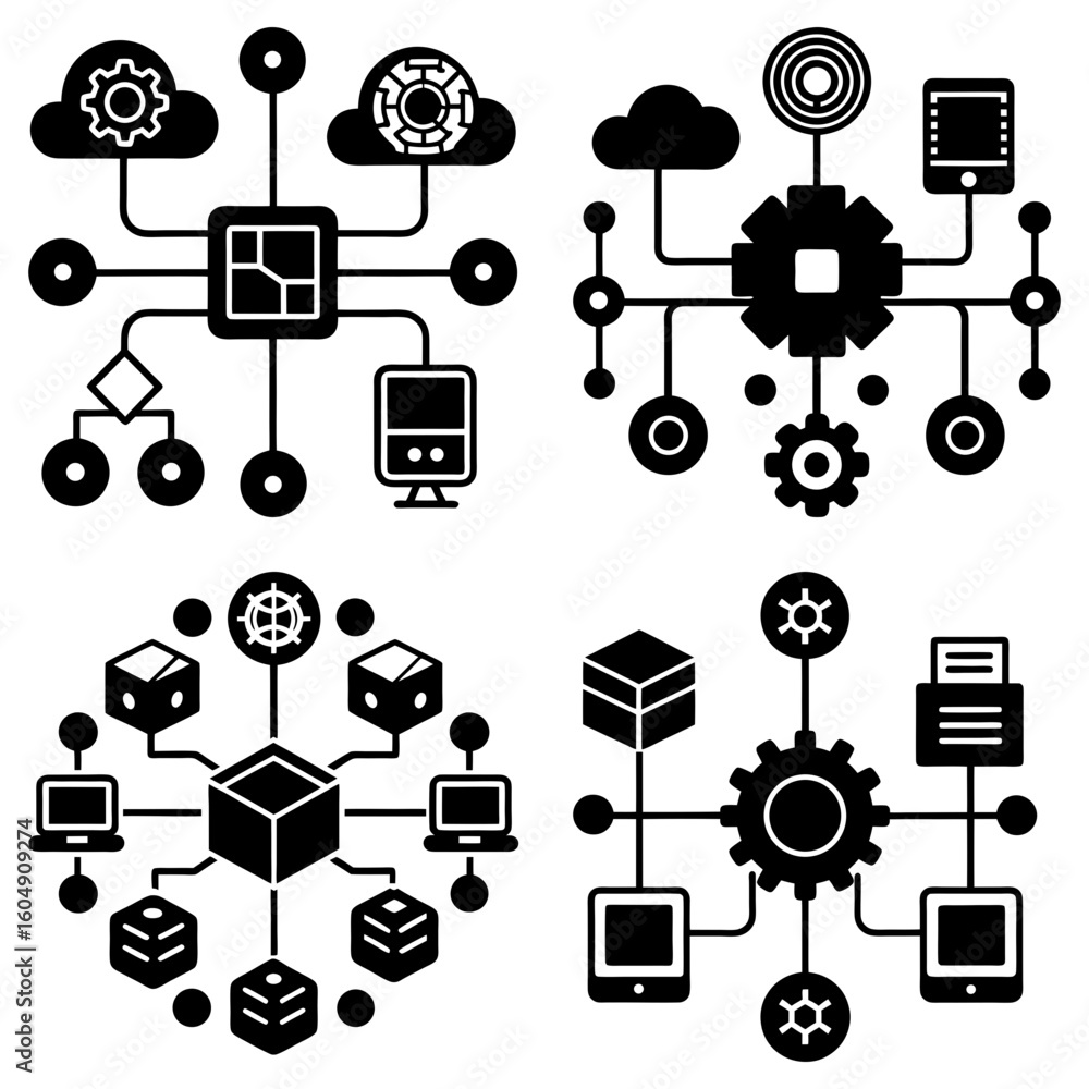 Poster four stylized diagrams illustrating network connections and data processing concepts in black and wh