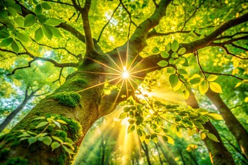Obraz premium Sunbeams shining through the canopy of an ancient vibrant green forest