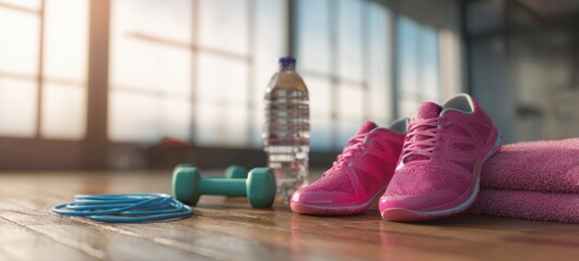 The vibrant pink fitness shoes alongside workout essentials in a gym setting.