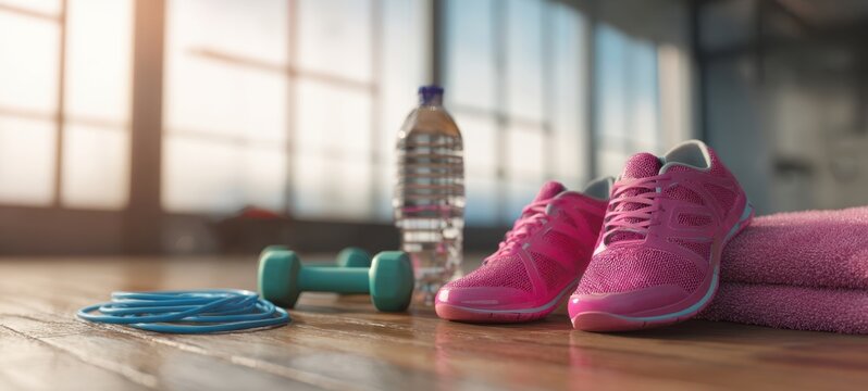 The vibrant pink fitness shoes alongside workout essentials in a gym setting.