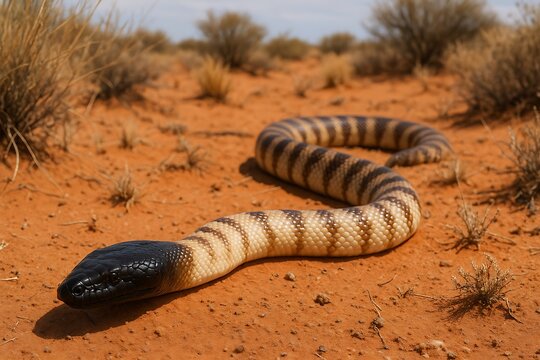 Snake with a black head and striped body slithering across the Australian desert