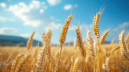 Fototapeta premium Ultra-Realistic Close-Up of Golden Wheat Field Against Blue Sky with Natural Light Texture