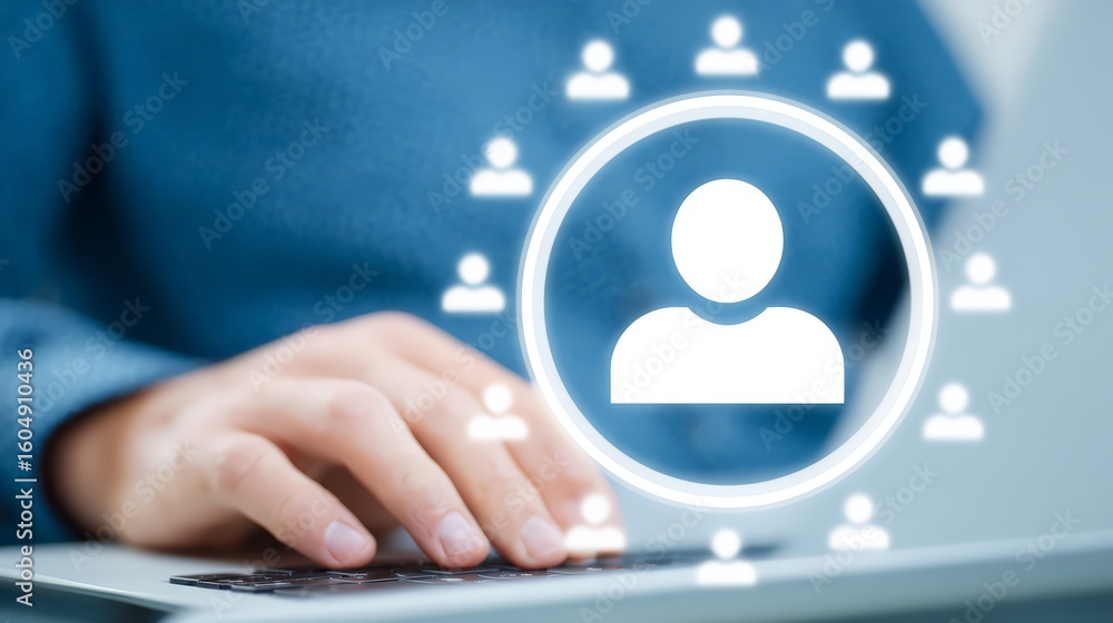 Poster a person engaging in digital networking using a laptop and user interface icons.