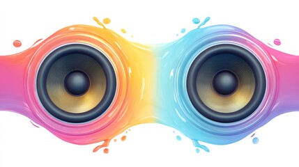 Vibrant Speaker Emitting Colorful Sound Waves as Fluid Ribbons in Bright Gradient Design