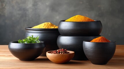 Vibrant Spices in Dark Bowls on Wooden Surface Against Textured Black Background