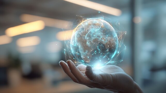 The digital globe held in a hand showcasing connectivity and innovation.