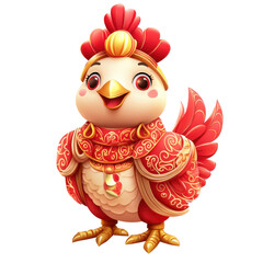 Colorful animated chicken character in traditional attire celebrating a festive occasion