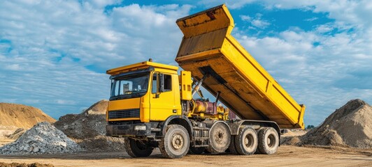 The yellow dump truck unloading material on a construction site under a clear sky.