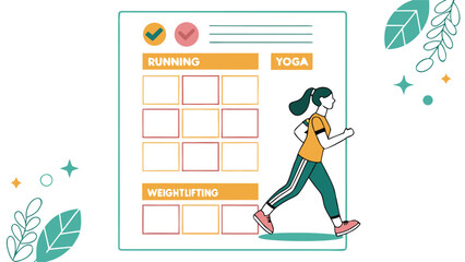 Fitness tracker with a runner and sections for running yoga and weightlifting activities to monitor progress and achieve health goals