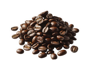 A close up high angle studio shot of a pile of roasted coffee beans with a deep brown color and rich texture against a stark black background