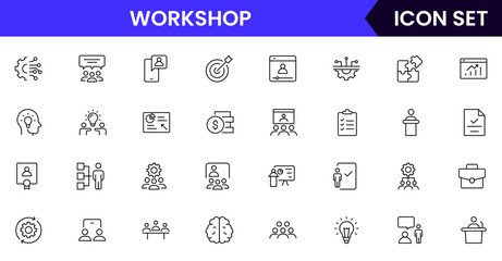 Workshop vector line icons featuring tools, gears, machinery, workbenches, safety equipment, hands-on activities, repairs, and technical skills.