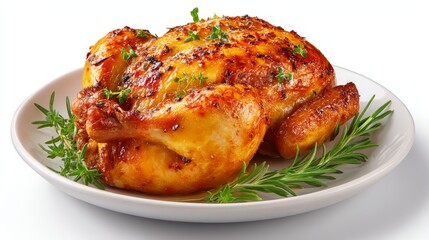 Whole Roasted Chicken Garnished with Fresh Herbs on a White Ceramic Plate