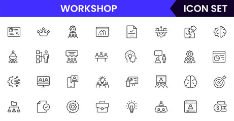 Workshop vector line icons featuring tools, gears, machinery, workbenches, safety equipment, hands-on activities, repairs, and technical skills.