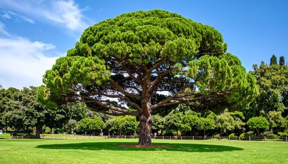 Lush green pine tree in a park