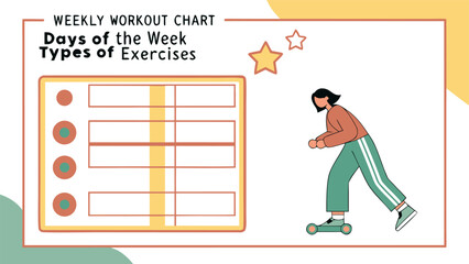 Weekly workout chart template featuring days of the week and types of exercises with a person on roller skates