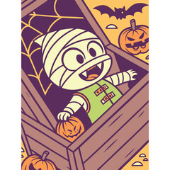 Cheerful mummy cartoon character emerges from a wooden crate amidst Halloween pumpkins and bats.