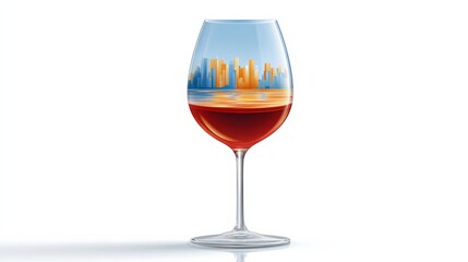 Wine Glass with City Skyline Reflected in Liquid Against White Background