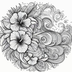 Fototapeta premium Hibiscus and swirling waves arrangement, tranquil mood, detailed coloring page, artistic expression