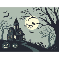 A spooky Halloween night with a haunted house on a hill, glowing jack-o'-lanterns, flying bats, and a full moon.