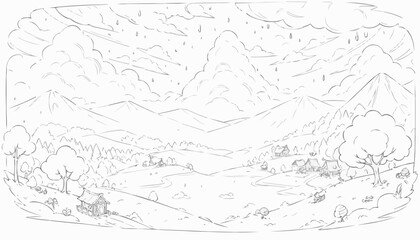 Fototapeta premium Picturesque mountain landscape with clouds and village in detailed line art illustration for coloring 