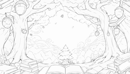 Fototapeta premium Whimsical library scene with trees, books, and a pathway in a detailed line art illustration for coloring