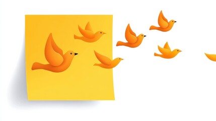 Yellow Sticky Note with Orange Paper Birds Flying Away Symbolizing Creativity and Freedom