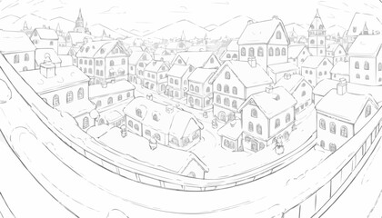 Fototapeta premium Charming line art of a snowy village scene with houses and mountains for coloring 