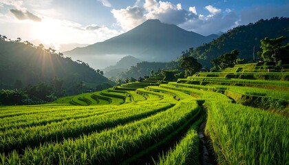 Lush green rice paddies, mountain backdrop