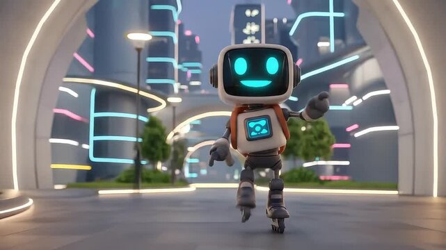 Friendly robot walking in futuristic city with neon lights  