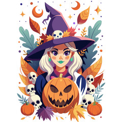Charming witch portrait with jack-o'-lantern, surrounded by autumn leaves and skulls.