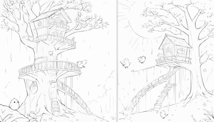 Obraz premium Charming line art of treehouses in two different settings: rainy and sunny for coloring 
