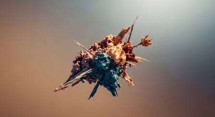 Abstract 3D rendering of a complex microscopic particle or futuristic molecular structure floating on a gradient background.