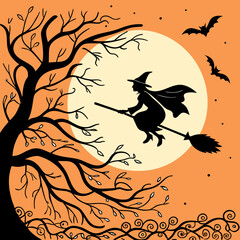 A silhouette of a witch flying on a broomstick past a full moon and bats on a spooky Halloween night.