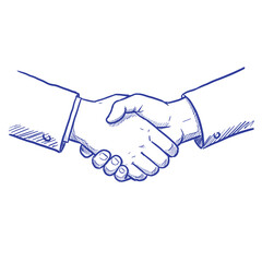 Fototapeta premium Blue doodle handshake, hand-drawn sketch on white background for stylish design