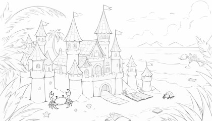 Naklejka premium Coloring page of a sandcastle on the beach with crabs and waves