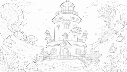 Obraz premium Whimsical lighthouse surrounded by fish, shells, and underwater scenes in a colorful ocean 