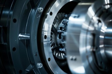 Close-up of a complex mechanical assembly with concentric metal rings and internal turbine-like components, bathed in cool blue tones.