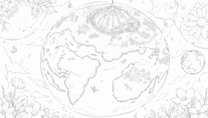 Artistic illustration of the Earth surrounded by flowers and celestial elements in a whimsical style