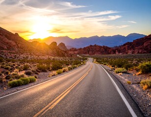 Scenic highway at sunset through red rock desert