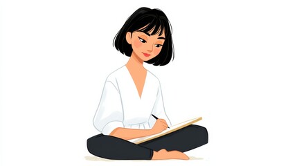 Young Asian Woman Sketching on a Blank Sketchpad While Sitting on the Floor in Casual Attire