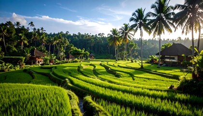 Lush green rice paddies with tropical villas