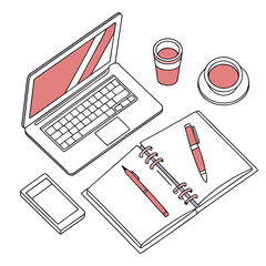 A minimalist isometric illustration of a modern workspace featuring a laptop notebook with pens smartphone and cups of coffee on a white background