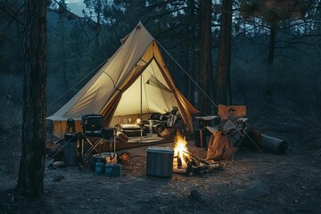 Camping scene in a forest at dusk features a lit canvas tent, campfire, and camping gear. Warm light contrasts with the dark surrounding woods.