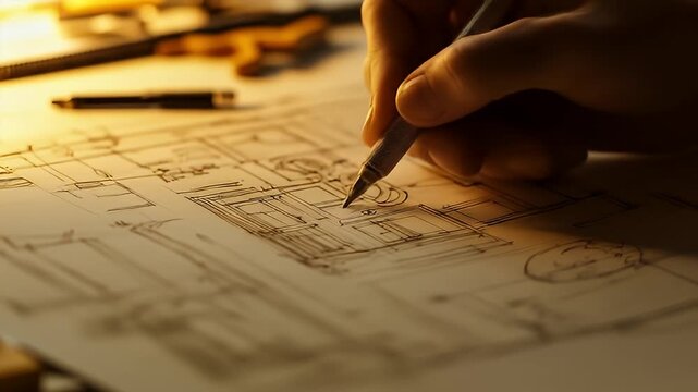Architect drawing a plan.
Description Hand drawing an architectural floor plan with a pen, warm lighting, close-up view