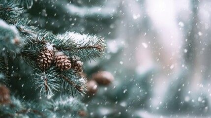 The serene beauty of pine branches dusted with snow during winter.