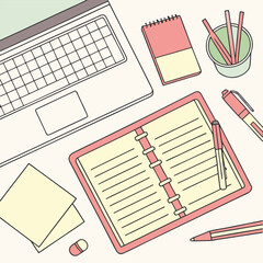 A top down view of a clean and organized desk setup featuring a laptop open planner pens sticky notes and a small notepad