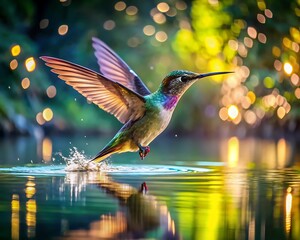 Fototapeta premium A hummingbird hovering over water with wings outstretched