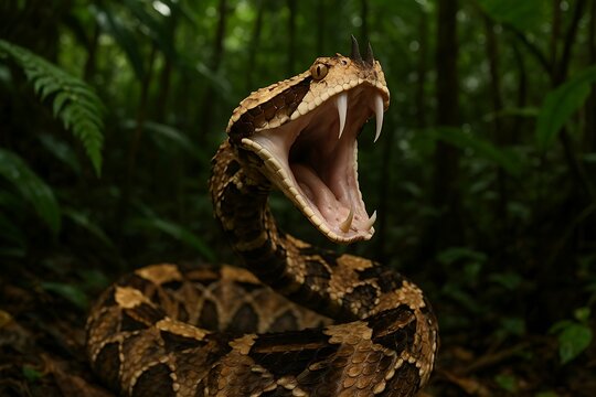 aggressive gaboon viper displaying threat behavior