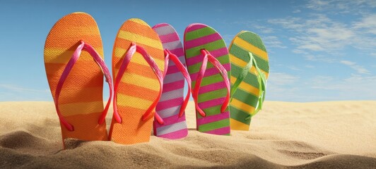 The colorful flip-flops enjoying a sunny day on the beach sand.