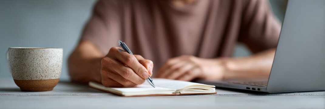 Freelancer writing notes in notebook while working remotely on laptop with coffee mug nearby, enjoying work and travel lifestyle as digital nomad